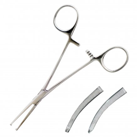 Затискач кровоспинний, по Ochsner-Kocher, одно- і двозубий, зубчатий, зігнутий №2. Довжина 16,0 см